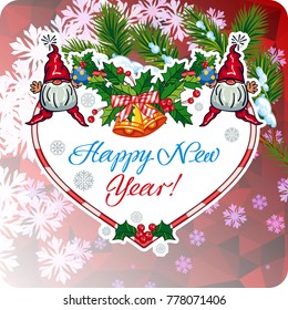 Square holiday card with funny gnomes and greeting text "Happy New Year!" Vector clip art.
