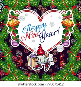 Square holiday card with funny gnomes and greeting text "Happy New Year!" Vector clip art.