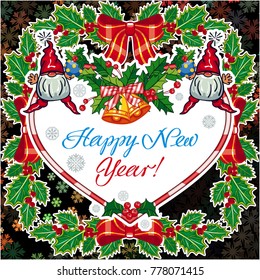 Square holiday card with funny gnomes and greeting text "Happy New Year!" Vector clip art.