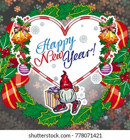 Square holiday card with funny gnomes and greeting text "Happy New Year!" Vector clip art.