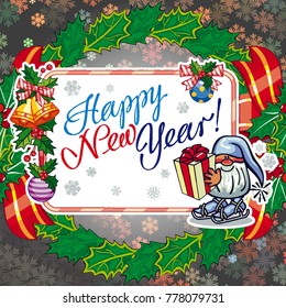 Square holiday card with funny gnomes and greeting text "Happy New Year!" Vector clip art.