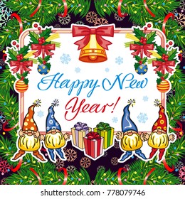 Square holiday card with funny gnomes and greeting text "Happy New Year!" Vector clip art.