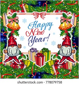 Square holiday card with funny gnomes and greeting text "Happy New Year!" Vector clip art.