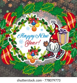 Square holiday card with funny gnomes and greeting text "Happy New Year!" Vector clip art.