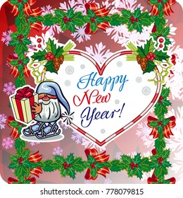 Square holiday card with funny gnomes and greeting text "Happy New Year!" Vector clip art.