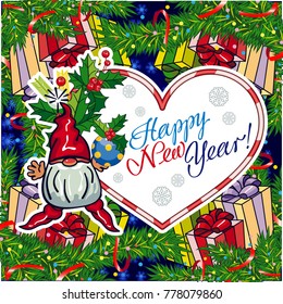 Square holiday card with funny gnomes and greeting text "Happy New Year!" Vector clip art.