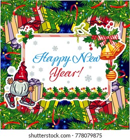 Square holiday card with funny gnomes and greeting text "Happy New Year!" Vector clip art.