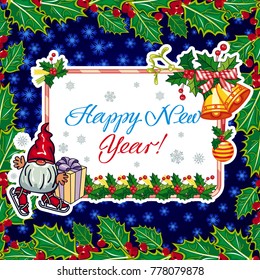 Square holiday card with funny gnomes and greeting text "Happy New Year!" Vector clip art.