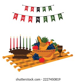 Square holiday card of Happy Kwanzaa. A composition with a woven mat, a kinara, a fruit basket and unity cup. Cartoon vector illustration on a white background