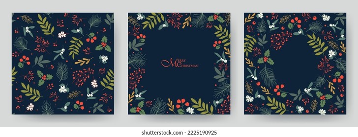 Square holiday cards on a dark background. Christmas, holiday templates with ornate Christmas ornament, floral background. Seamless Christmas pattern.