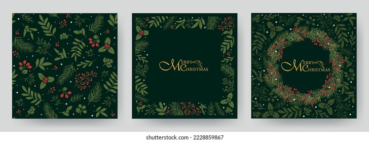 Square holiday cards on a dark background. Christmas, holiday templates with ornate Christmas ornament, floral background, wreath of pine branches. Seamless Christmas pattern.