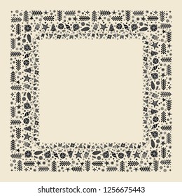 Square holiday Christmas black and white hand drawn frame in Scandinavian style. New Year ornaments and typographic design. Use for banner, greeting and Christmas card, postcard. Vector illustration.