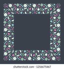Square holiday Christmas colorful hand drawn frame in Scandinavian style. New Year ornaments and typographic design. Use for banner, greeting and Christmas card, postcard. Vector illustration.