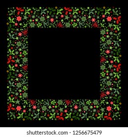 Square holiday Christmas colorful hand drawn frame in Scandinavian style. New Year ornaments and typographic design. Use for banner, greeting and Christmas card, postcard. Vector illustration.