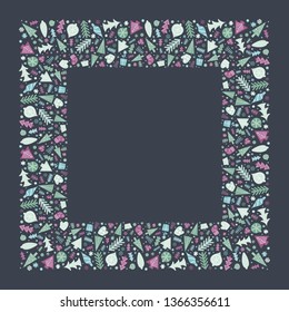 Square holiday Christmas colorful hand drawn frame in Scandinavian style. New Year ornaments and typographic design. Use for banner, greeting and Christmas card, postcard. Vector illustration.