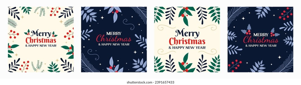 Square holiday greeting cards, banners, backgrounds. Merry Christmas and Happy New Year colorful templates. Vector illustration with traditional and decorative elements and text.