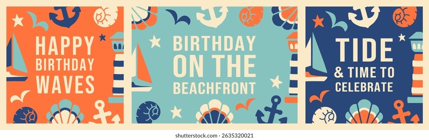Square and horizontal playful birthday card templates, seasonal compositions with nautical summer style for events and social media. Includes anchors, shells, and sea motifs and vacation thematic