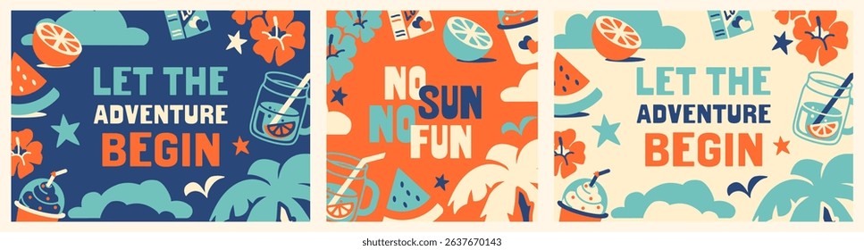 Square and horizontal prints, covers or kids room wall art. Naive hand drawn concept of retro summer vacation , beach bliss and ocean waves