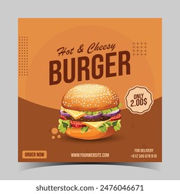 Square Hot And Cheesy Burger Flyer, Food Banner, Food Flyer, Food Poster, Restaurant Banner, Restaurant Flyer, Restaurant poster