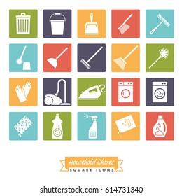 Square Household Chores Icon Collection. Set of 20 cleaning and housework utensils, negative symbols in colored squares