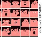 Square human portraits. Various faces, hairstyle, emotions. Cute funny characters. Cartoon, minimal, abstract contemporary style. Hand drawn Vector illustration. Square seamless Pattern