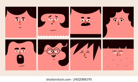 Square human portraits. Various faces, hairstyle, emotions. Cute funny characters. Cartoon, minimal, abstract contemporary style. Avatar, icon, logo templates. Hand drawn Vector isolated illustrations