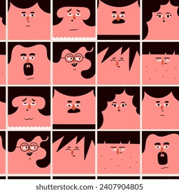 Square human portraits. Various faces, hairstyle, emotions. Cute funny characters. Cartoon, minimal, abstract contemporary style. Hand drawn Vector illustration. Square seamless Pattern