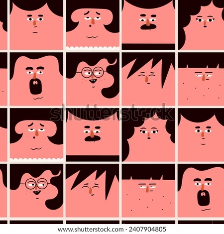 Square human portraits. Various faces, hairstyle, emotions. Cute funny characters. Cartoon, minimal, abstract contemporary style. Hand drawn Vector illustration. Square seamless Pattern