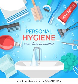 Square hygiene toiletry illustration colorful background with personal care items and hand washing container with text vector illustration