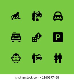square icon. 9 square set with family of heterosexual couple, taxi, two casino dices and parking sign vector icons for web and mobile app