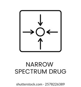 A square icon with arrows pointing to a central point, symbolizing focus in narrow spectrum drugs, in vector style, with an editable stroke