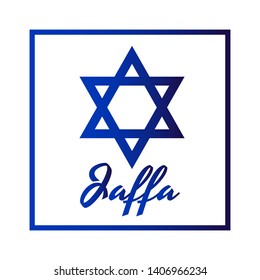 Square Icon of blue David star with inscription of city name: Jaffa in modern style. Israel symbol with frame. Vector EPS10 illustration