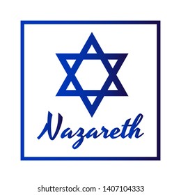 Square Icon of blue David star with inscription of city name: Nazareth in modern style. Israel symbol with frame. Vector EPS10 illustration.