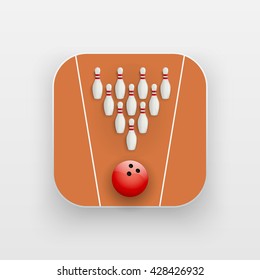 Square icon of bowling alley sport. Sporting field and ball. Vector Illustration isolated on background.