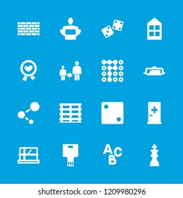 Square icon. collection of 16 square filled icons such as pan, aid post, parcel, window, dice, cargo box, heart ribbon, camera. editable square icons for web and mobile.