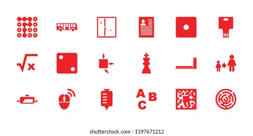 Square icon. collection of 18 square filled icons such as airport bus, dice, son and father, qr code, abc, drop counter, camera. editable square icons for web and mobile.