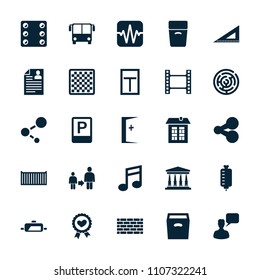 Square icon. collection of 25 square filled icons such as airport bus, chatting man, ruler, share, movie tape, chess board. editable square icons for web and mobile.