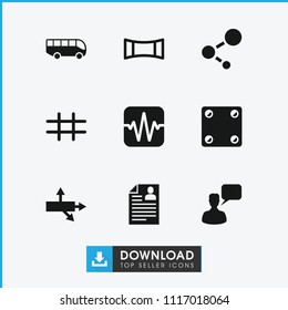 Square icon. collection of 9 square filled icons such as chatting man, arrow, panorama mode, grid, airport bus, dice, resume, share. editable square icons for web and mobile.