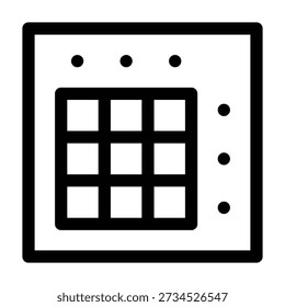 Ein quadratisches Symbol, das eine 4x4-Rastermatrix innerhalb eines dekorativen Rahmens enthält. Diese Grafik ähnelt einem Drum-Machine-Pad, einem Musiksequencer oder einer digitalen Tastatur, die sich für die Darstellung von Musikproduktion, Technologie-Schnittstellen und Datenorganisation eignet.