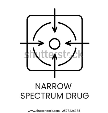 A square icon with converging arrows and a central target, representing focus in narrow spectrum drugs, in vector style, with an editable stroke.