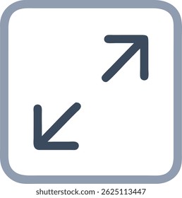 Quadratisches Symbol mit diagonalen Kreuzungspfeilen, die die Vergrößerungs- oder Bildschirmgrößenfunktion darstellen

