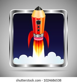 Square icon with metal frame. Flying rocket in form of pencil on gray background. Web button
