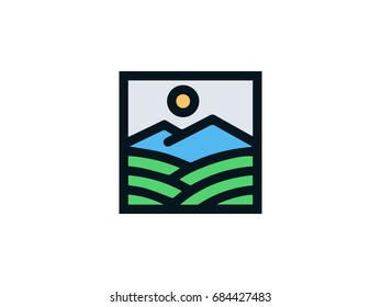 square icon of the mountains, fields and sun. flat design