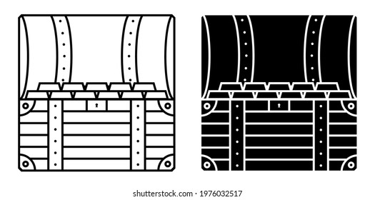square icon open treasure chest inside. Gold ingots in a pirate chest. Black and white vector vector