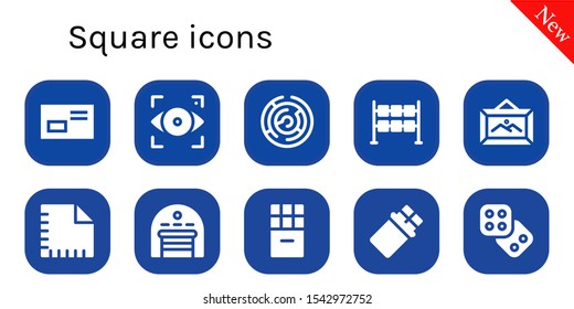 square icon set. 10 filled square icons.  Collection Of - Letter, Focus, Maze, Dice, Frame, Napkin, Garage, Chocolate icons