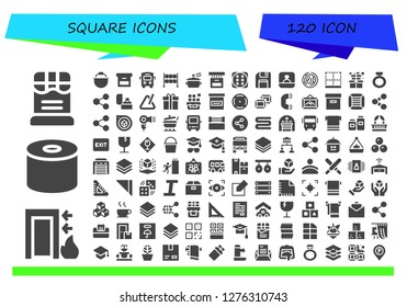  square icon set. 120 filled square icons. Simple modern icons about  - Chocolate, Exit, Tissue, Pot, Box, Bus, Dice, Floppy disk, Ring, Maze, Bottom, Share, Triangle, Gift box