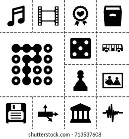 Square icon. set of 13 filled square icons such as airport bus, dice, heart ribbon, box, diskette, music equalizer, court building, pawn, labyrinth, movie tape, arrow, note