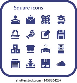 square icon set. 16 filled square icons.  Simple modern icons about  - Convex, Blank, Dice, Mortarboard, Balcony, Cube, Edit, Floppy disk, Cubes, Towel, Garage, Chocolate, Fountain
