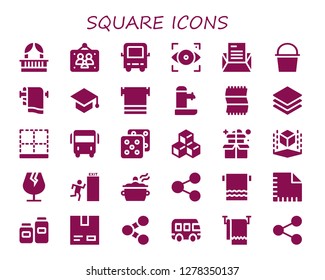  square icon set. 30 filled square icons. Simple modern icons about  - Balcony, Picture frames, Bus, Focus, Letter, Cube, Towel, Mortarboard, Fountain, Layers, Bottom, Dice, Box