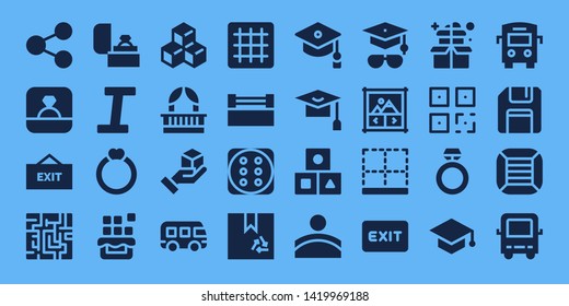 square icon set. 32 filled square icons. on blue background style Collection Of - Share, Ring, Exit, Maze, Italic, Chocolate, Cube, Balcony, Bus, Grid, Dice, Box, Mortarboard
